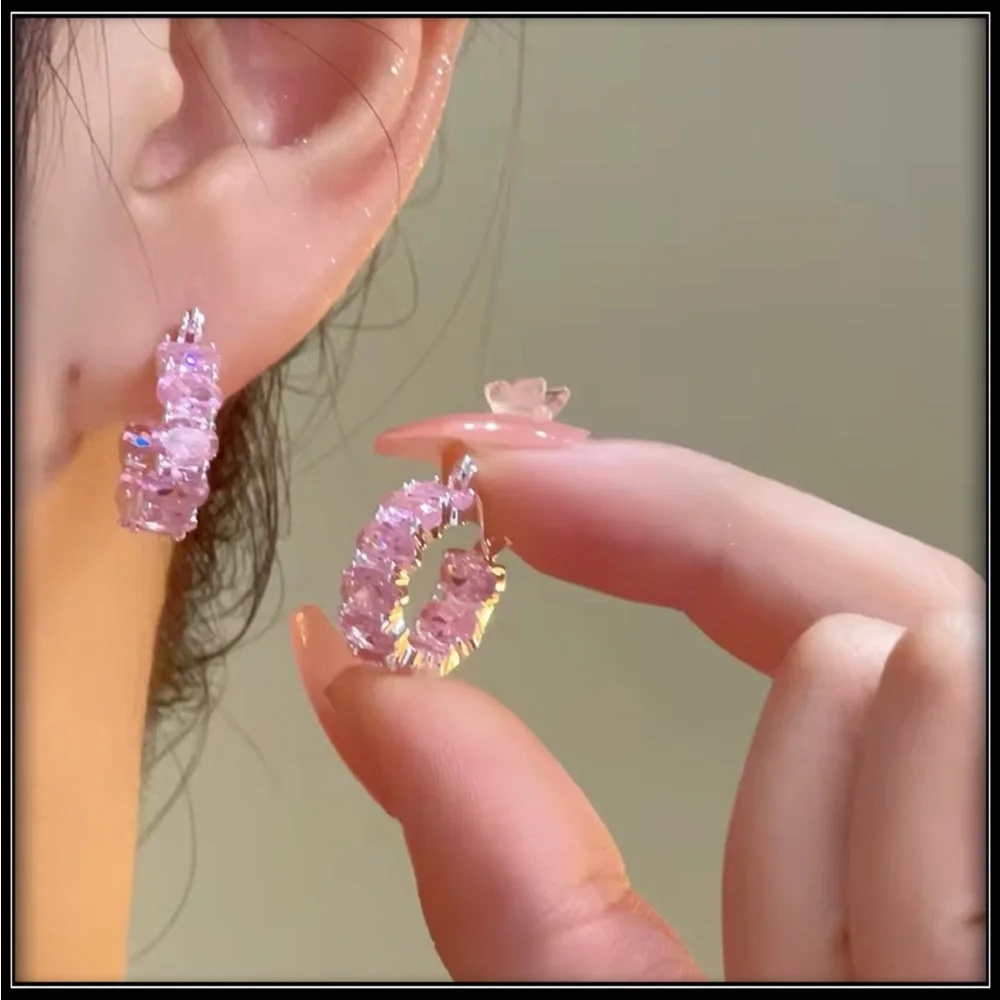 New 18k gold simulated diamond & pink amethyst chunky huggie earrings